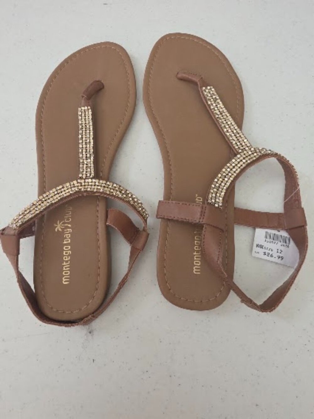 Montego Bay Club Rhinestone T-Strap Sandals Nude/Brown Gold Size 12